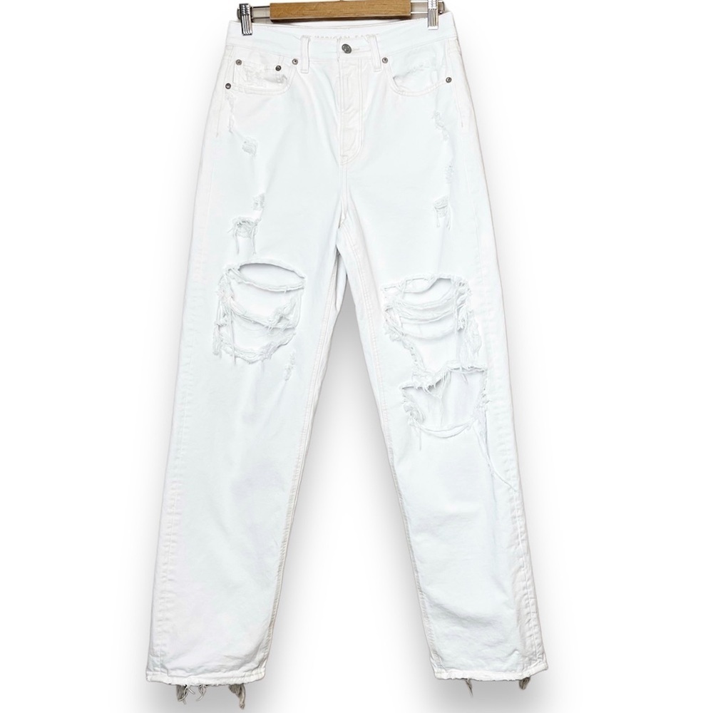 American Eagle Highest Rise Baggy Straight Jeans 6 white distressed 100% cotton
